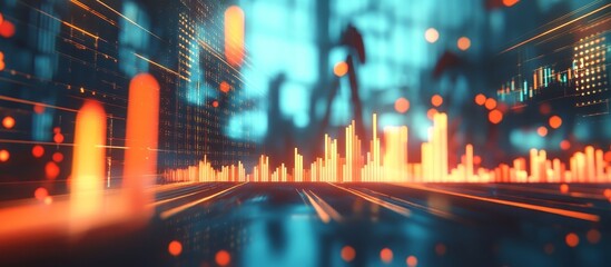 Abstract futuristic cityscape with glowing digital data streams and skyscrapers.