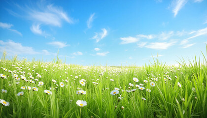 Fototapeta premium Vibrant daisies swaying in meadow under clear blue sky, nature's beauty