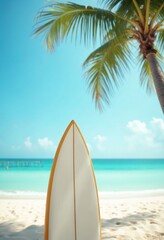 Surfboard on sand tropical beach sea and sky background summer vacation