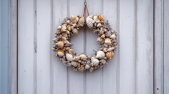 A decorative seashell wreath hanging on a door, radiating a welcoming coastal charm.