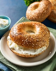 Sesame bagels with cream cheese