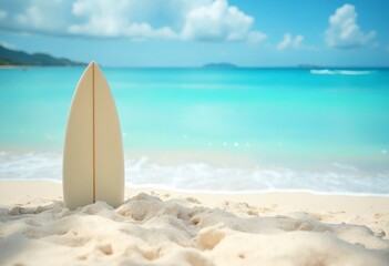 Surfboard on sand tropical beach sea and sky background summer vacation