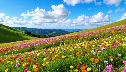 Obraz premium Vibrant wildflowers blooming on hillside under sunny skies, nature's beauty