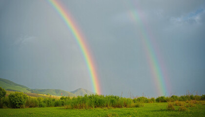 Vibrant rainbow arcing over green meadow after spring rain, nature&rsquo;s beauty