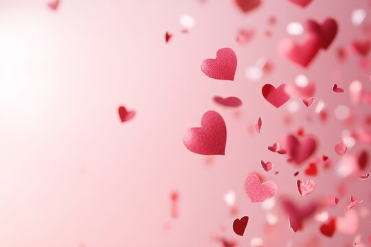 Floating red hearts on a pink background with soft light