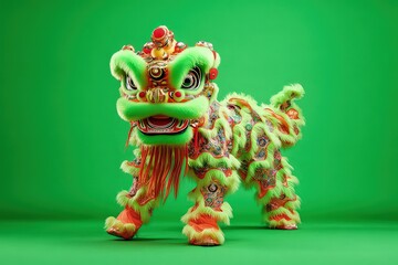 A green screen illustration of a lion dance, with vibrant and ornate details on the lion costume, perfect for festive performances.