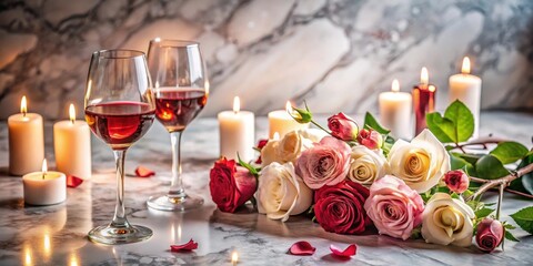 Naklejka premium Luxurious wine and rose celebration on a marble table amidst candles and flowers