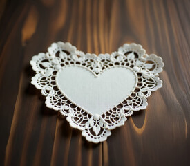 Obraz premium Delicate White Lace Heart Doily on Rustic Wooden Background: A Symbol of Love, Craftsmanship, and Vintage Charm