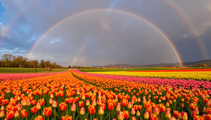 Vibrant tulip field under rainbow in spring, nature's awakening