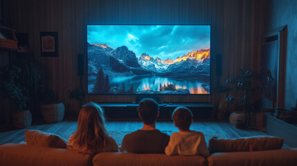 Family watching a movie on a large TV at home, at night. The father, mother, and children are sitting together on the sofa, enjoying a film or series with surround sound.