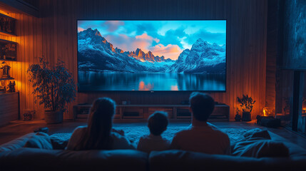 Family watching a movie on a large TV at home, at night. The father, mother, and children are sitting together on the sofa, enjoying a film or series with surround sound.