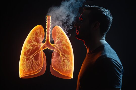 A man standing still against a dark backdrop, with a clear image of healthy lungs in front of him, demonstrating proper breathing exercises.