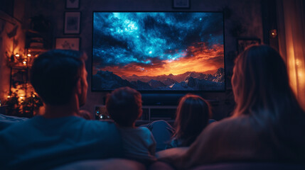 Family watching a movie on a large TV at home, at night. The father, mother, and children are sitting together on the sofa, enjoying a film or series with surround sound.