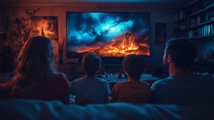 Family watching a movie on a large TV at home, at night. The father, mother, and children are sitting together on the sofa, enjoying a film or series with surround sound.
