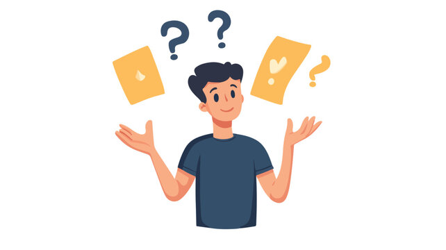 Confused Man Surrounded by Colorful Question Marks on a White Background Vector Art & Illustration by Rasel
