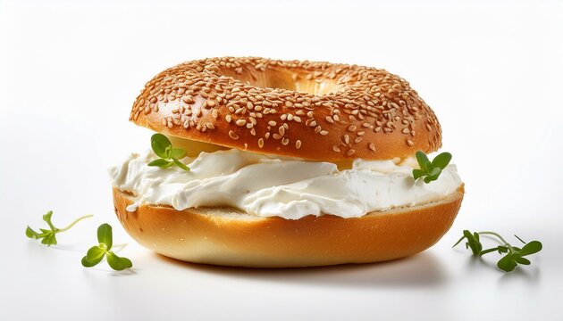 Single sesame bagel with cream cheese in a plate on white background