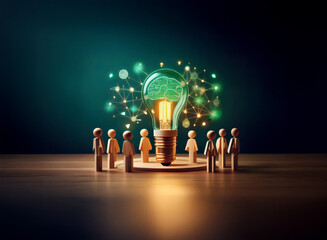 Glowing lightbulb, brain-shaped core, surrounded by interconnected nodes and small figures forming a circle, symbolizes collaborative innovation and idea generation.