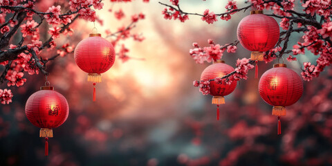Red Chinese Lanterns and blooming sakura in Spring Garden, copy space.  Chinese Lantern festival Background
