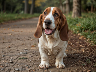 Happy Basset Hound dog sitting on a path in the park, cheerful expression, adorable pet, copy space