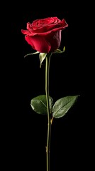 A close-up view of a single red rose bloom, artistically lit against a dark blurred background with copy space