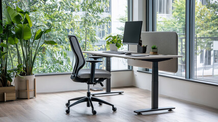 A spacious home office with ergonomic furniture, a modern standing desk, and a lush green plant, creating a productive yet calming work environment.