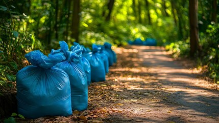 Litter Bags Line a Forest Path - Nature's Cleanup
