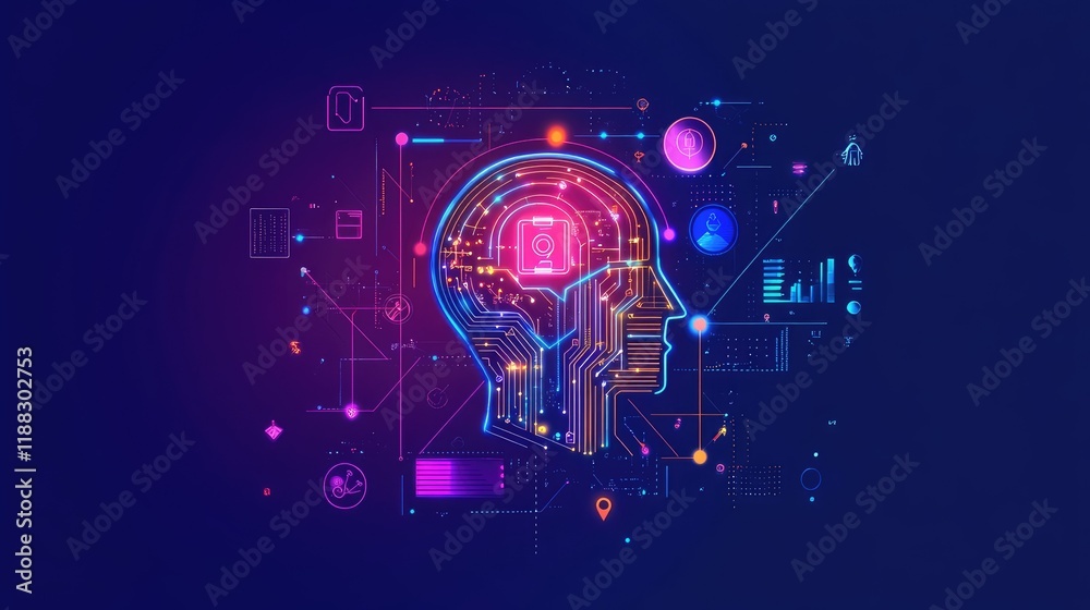 Poster abstract digital graphics of ai and big data icons overlaid on a business graph, with ample space fo