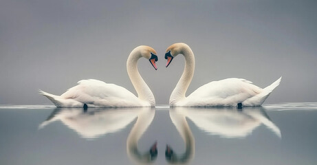 Fototapeta premium Swans Forming Heart Shape on Calm Water, Symbolizing Love and Grace, White Feathers Against Grey Background.