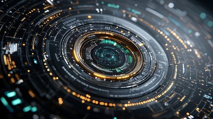 Futuristic cybernetic interface with complex circuitry and glowing accents