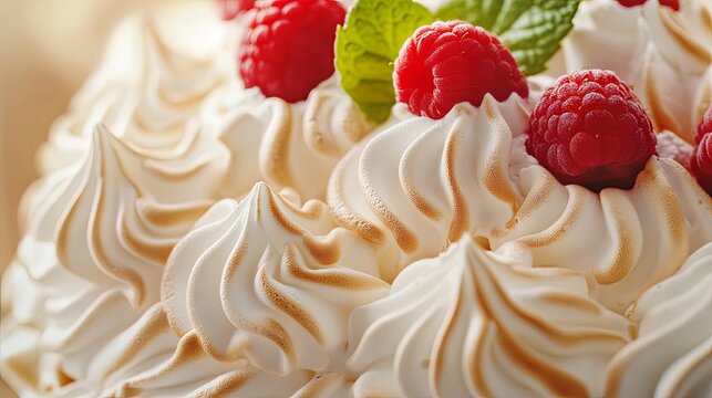 A Whimsical Delight: Exquisite Meringe Cake with Raspberries