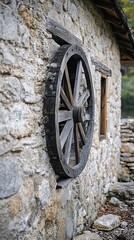 Obraz premium Antique Wooden Wheel Against a Stone Wall. Rustic Charm of an Old Building.