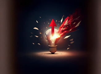 A red arrow bursts from a shattering lightbulb, symbolizing explosive growth and innovative breakthrough.  The image evokes power, progress, and disruption.