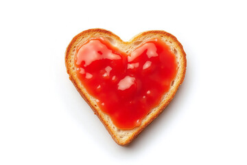 Heart shaped toast topped with bright red jam on white background