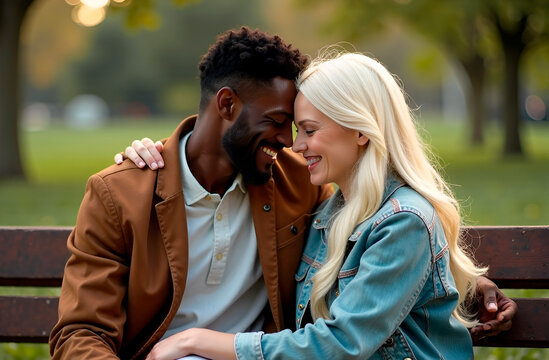 Cross-cultural couple black man and albino woman embrace on park bench. Opposites, contrasts. Valentine's Day
