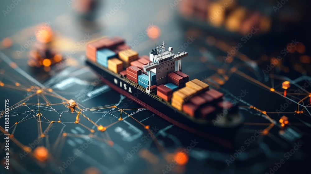 Poster detailed representation of a container ship on a digital map background, illustrating global trade, 