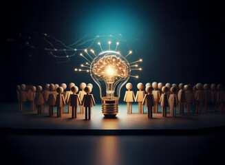 A glowing lightbulb, its filament a brain, illuminates a crowd of small figures.  This symbolizes collective intelligence and innovative thinking.