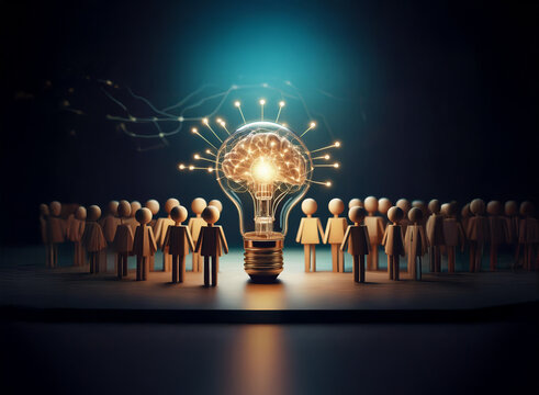 A glowing lightbulb, its filament a brain, illuminates a crowd of small figures.  This symbolizes collective intelligence and innovative thinking.