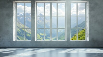 Fototapeta premium Sunny mountain view through large windows in modern minimalist room