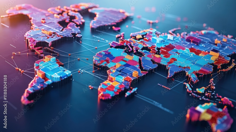 Aufkleber Colorful 3D Rendered Map of the World Showcasing Geographical Regions with Vibrant Cubic Structures and Interconnected Lines Representing Global Data Flow