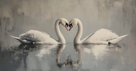 Swans Forming Heart Shape on Calm Water, Symbolizing Love and Grace, White Feathers Against Grey Background.