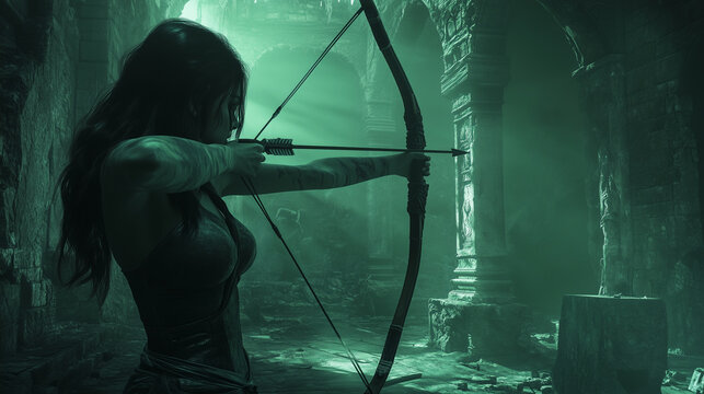 Long-range shooting, Third person perspective, A female archer, in the ruins, Dark style, Cesuru, In the palace. 3D style, Open world game, Game scene.