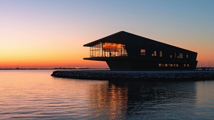 Obraz premium A uniquely designed waterfront building, its silhouette glowing as the sun rises over a peaceful horizon 