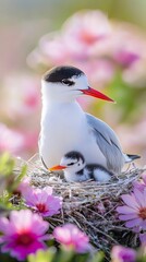 Naklejka premium A Tiny Bird Nestling with its Parent amidst Flowers