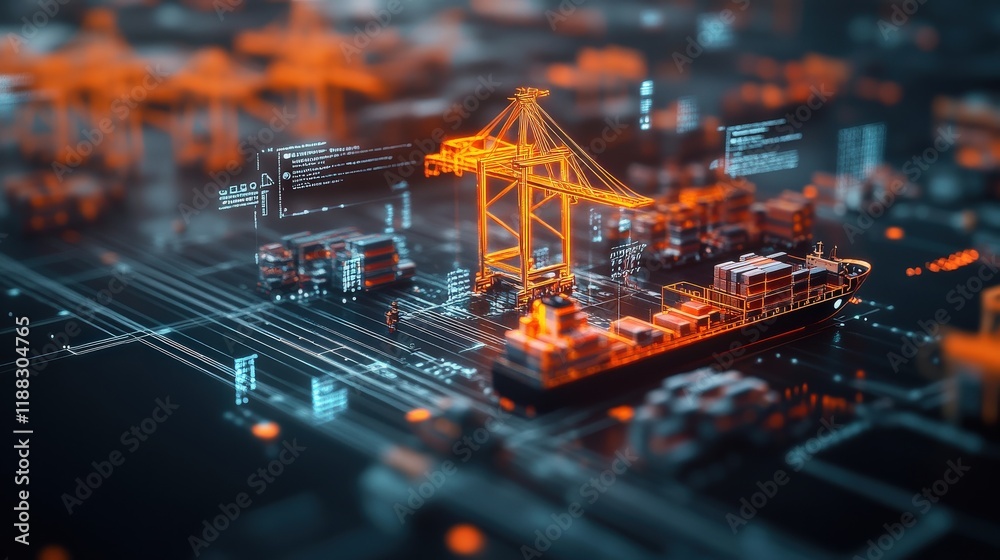 Aufkleber futuristic digital representation of a cargo ship and crane with data visualizations for modern ship