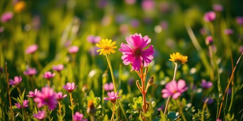 Fototapeta premium A vibrant meadow bathed in golden sunlight, showcasing the delicate beauty of a single pink flower standing tall amidst a tapestry of blurred blossoms.