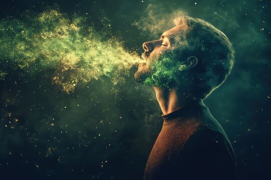 A medical concept of healthy lungs, with a man standing in front of a dark background, demonstrating proper breathing techniques and inhaling.