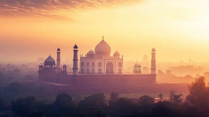 The majestic Agra Fort at sunrise, with its red sandstone and marble domes glowing softly. Ample space for text or branding