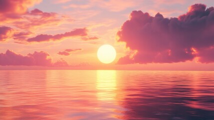 Vibrant beach sunset, orange and pink hues illuminating serene ocean waters, tranquil atmosphere, breathtaking coastal view