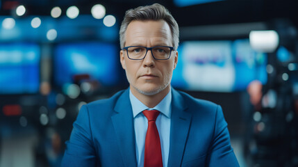 Portrait of News reporter live at news channel 