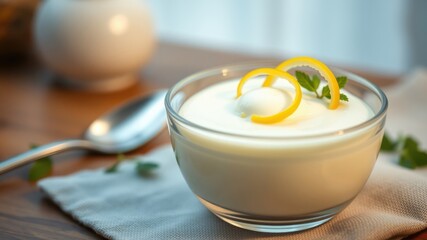 A single serving of creamy yogurt with lemon zest garnish, sitting on a linen napkin next to a spoon and a blurred sugar bowl.